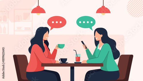 Two female friends having a conversation over coffee and juice while sitting together at a cozy restaurant table.