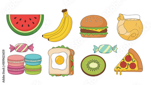 Diverse collection of colorful food illustrations including fruit, fast food, sweets, and healthy snacks on white background.