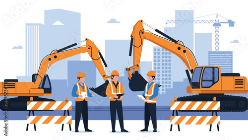 Construction team in safety gear meeting at a building site with excavators and a city skyline backdrop background.