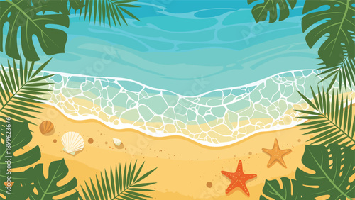 Tropical beach top view with turquoise water sand palm leaves starfish and sea shells for summer vacation themes.