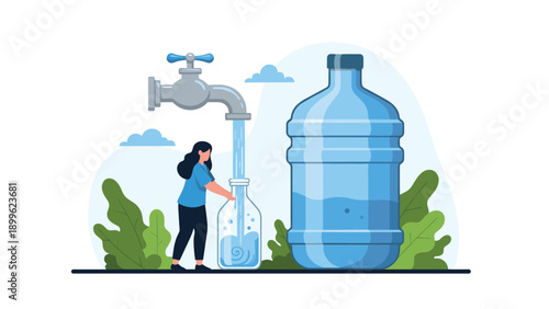 Young woman filling a large plastic water jug from a tap outdoors with clouds and plants in a sustainable garden.
