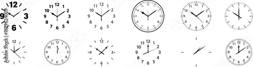 Diverse collection of various analog clock faces and time illustrations in black and white, showcasing different styles.
