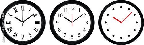 Three distinct clock faces showcasing different timekeeping styles, including Roman and Arabic numerals, against a clean white background.