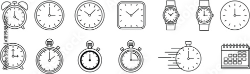 A comprehensive collection of various time and calendar icons presented in a clean, minimalist line art style.