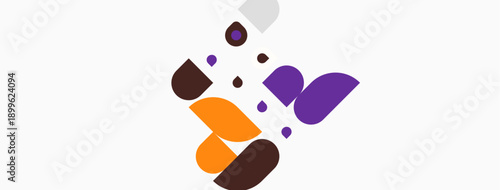Abstract shapes, purple, orange, brown tones. Minimalist design, scattered elements, clean background. Modern aesthetic, simple composition.