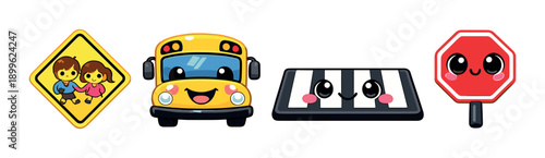 Cute school zone symbols with cartoon children crossing sign, bus, crosswalk, and stop sign