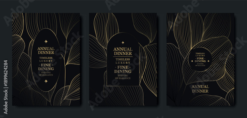 Luxury gold floral line pattern, dark background, elegant leaves, flowers, botanical branches. Minimalist vector invitation design, wedding, gala, birthday, or anniversary cards, Japanese elegance