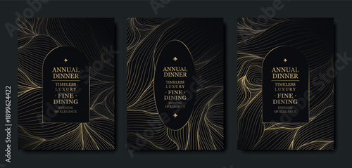 Luxury gold floral line pattern, dark background, elegant leaves, flowers, botanical branches. Minimalist vector invitation design, wedding, gala, birthday, or anniversary cards, Japanese elegance