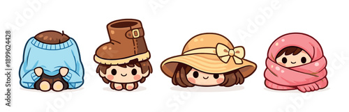 Cute cartoon characters in cozy outfits with different accessories