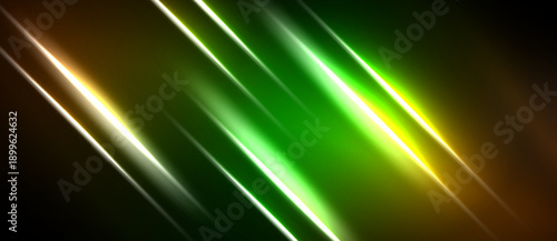 Abstract lines radiate, vibrant colors blend. Green, yellow, orange hues dominate dark background. Dynamic energy, sleek design.