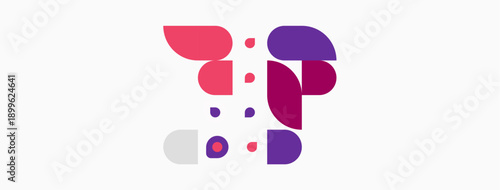 Abstract shapes, purple hues, pink accents. Minimalist design, modern aesthetic, simple composition. Dots create visual interest.