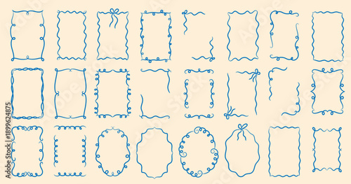 Hand drawn retro frame vector set with doodle vintage borders, ribbons, and bows. Elegant swirly line silhouettes perfect for invitations, greeting cards, postcards, and decorative design.