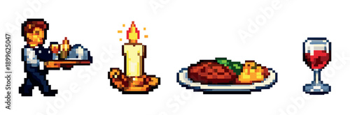 Pixel art dining scene: waiter serving steak dinner with candlelight and wine