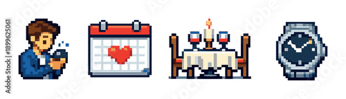 Pixel art: romantic date night with calendar, dinner, and watch icons