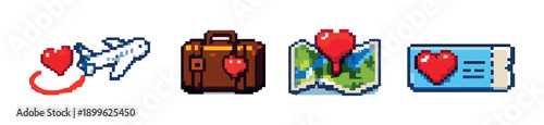 Pixel art symbols of travel love: plane, suitcase, map, ticket with hearts