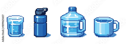 Pixel art blue drinking vessels collection: glass, bottle, jug, mug