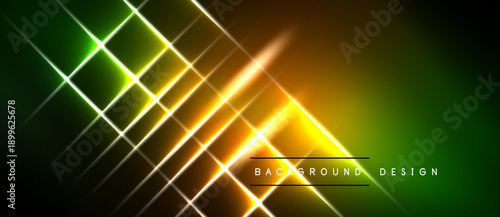 Abstract neon lines create dynamic grid pattern. Bright colors blend, forming modern background design. Vivid illumination contrasts dark space.