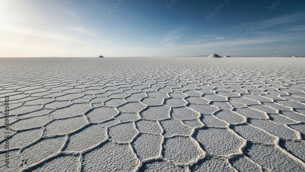 Fototapeta premium Vast salt flats with hexagonal patterns under a clear sky