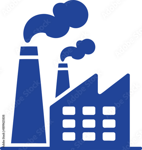 Industrial power plant icon with smoke stacks. Energy production, electricity generation, and factory building symbol. Vector illustration