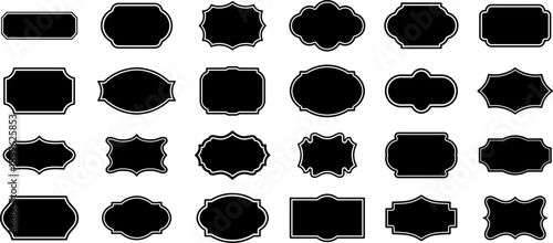 Black decorative label silhouettes set. Vintage badge frames, retro ornate borders, empty tags, classic emblem shapes, sticker and logo placeholders. Vector collection.