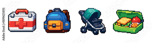 Pixel art icons: first aid kit, backpack, stroller, lunch box