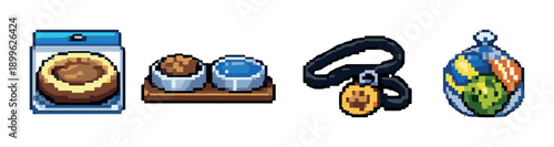 Pixel art dog supplies - food, bowls, collar, toy ball