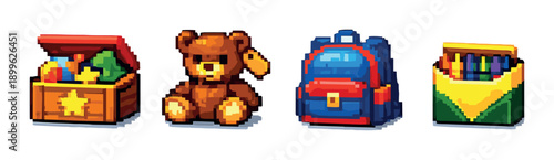 Pixel art of toy chest, teddy bear, backpack, and crayons