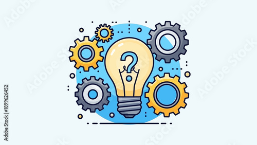 Light bulb with question mark surrounded by gears, symbolizing idea and problem solving.