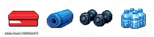 Pixel art fitness gear - first aid kit, exercise mat, dumbbells, water bottles