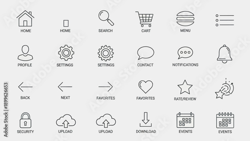 Collection of modern minimalist line icons for user interface design.