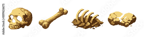 Glowing golden pixel art of skull, bone, ribs, and heart