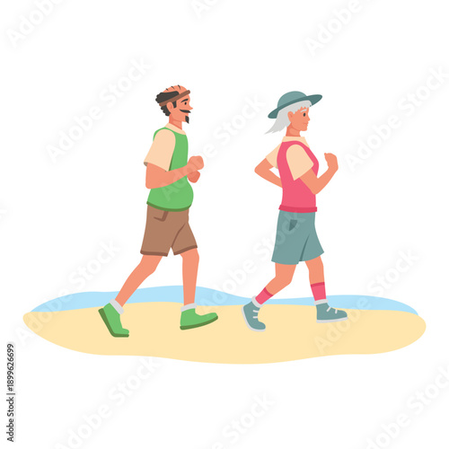 Elderly couple enjoying a walk together on the beach during a sunny day in summer while staying active and healthy