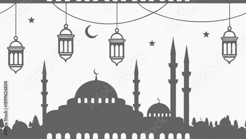 Minimalist eid celebration vector with mosque and lanterns