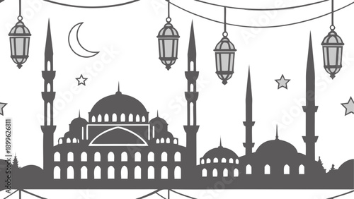 Minimalist mosque silhouette with lanterns and crescent moon