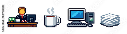 Pixel art office scene with coffee, desk, computer, and documents
