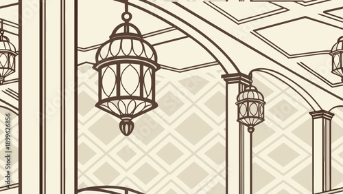 Vintage street lamp and building illustration