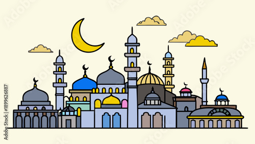 Whimsical cartoon cityscape with mosques and crescent moon