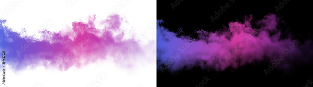 Naklejka premium Colorful smoke cloud in purple and pink tones isolated on black and white background. Abstract fog texture for creative overlay and design.