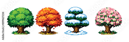 Pixel art trees representing four seasons: spring, summer, autumn, winter