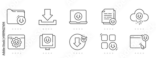 Download icon set featuring cloud, arrow, file, folder, browser, mobile, wifi, sync, update, security; clean outline line style, editable stroke