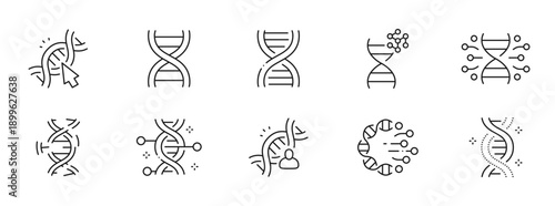 Clean outline vector icon set for genetics: DNA, genome, chromosomes, sequencing, CRISPR, research, laboratory analysis, biotech, editable stroke, biology, medicine