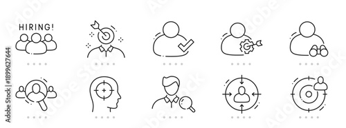 Clean outline icons for headhunting, recruitment, hiring, candidate search, screening, interview, ATS workflows, shortlist, verification, and staffing. Resume sourcing analytics