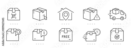 Delivery and shipping line icons for packages, tracking, courier, location pin, truck, ecommerce checkout, returns, secure worldwide logistics mobile outline