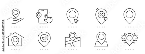 Location line icons featuring map pins, markers, navigation, GPS tracking, routes, destinations, globe, smartphone app elements; clean outline, editable stroke