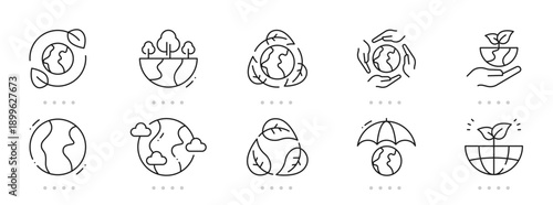 Clean environment icon set featuring eco earth, sustainability, recycle, renewable energy, climate, netzero, biodiversity, conservation; outline line style, editable stroke