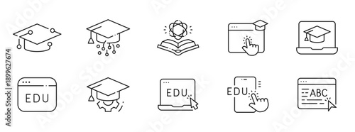 Clean outline education technology icons for elearning: graduation, laptop, mobile, cloud, AI, courses, students, webinars, dashboards, analytics, editable stroke set