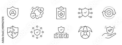 Clean outline insurance icon set covering protection, policy, claim, health, life, home, car, travel, security; editable line stroke vector collection