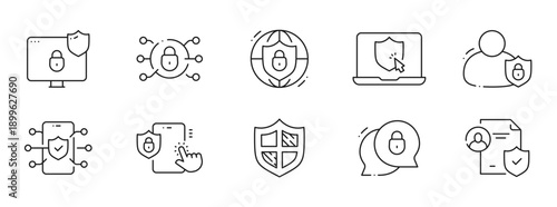 Clean outline privacy policy icons covering security, GDPR compliance, encryption, consent, user data protection, access control, authentication, mobile, browser, lock8