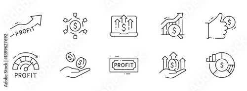 Clean outline profit icon set for finance, revenue growth, ROI, analytics, charts, investment returns, sales performance, dashboard, editable stroke collection