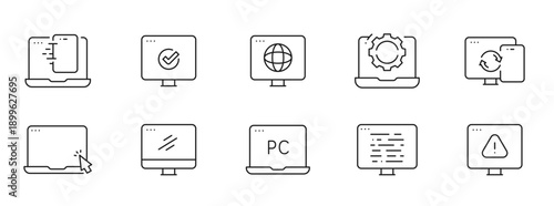 Clean outline PC icon set for computer, laptop, browser, cloud, code, security, VPN, download, upload, dashboard, analytics, AI, network, wifi
